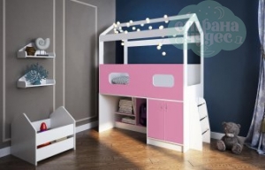Кровать-чердак Домик со шкафом и лестницей, розовая