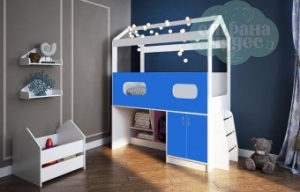 Кровать-чердак Домик Сказка со шкафом и лестницей, синяя