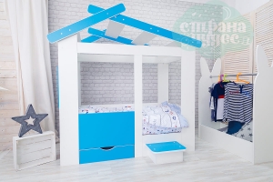 Кровать-домик Теремок с ящиком и ступенькой, голубая