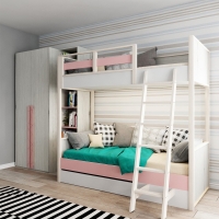 Комплект 38 попугаев "Ньютон", Кровать для двоих розовая с лестницей и шкаф