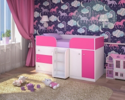 Кровать-чердак Ярофф Малыш-4, белое дерево - розовый