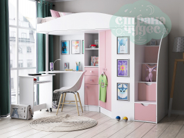 Кровать-чердак ФМ Теремок-1 Гранд, белый-розовый