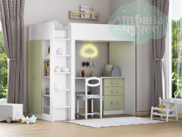 Кровать-чердак ФМ Теремок-3, белый - шалфей