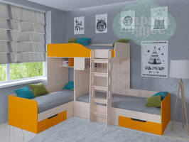 Двухъярусная кровать Трио, дуб молочный - оранжевая