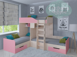 Двухъярусная кровать Трио, дуб молочный - розовая