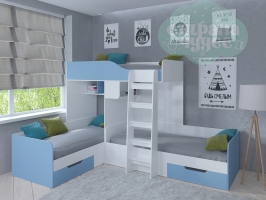 Двухъярусная кровать Трио, белая - голубой